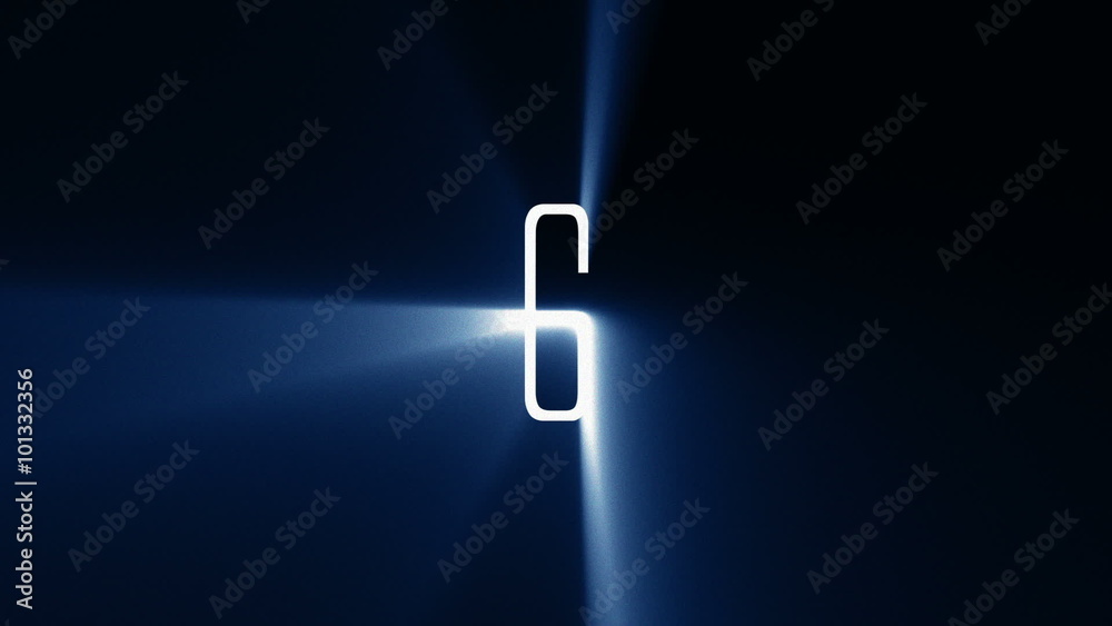 10 to 1 Countdown with Blue Light Rays (30fps). Numbers flash, blur and dissolve in and out, revealing the next number in front of bright blue volumetric light rays.