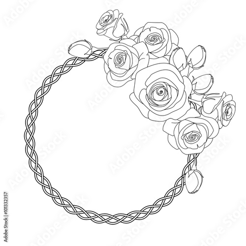 ornament with celtic motive and roses, antistress coloring page for adults, illustration