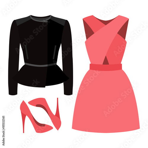 Set of trendy women's clothes. Outfit of woman rocker jacket, dress and accessories. Women's wardrobe. Vector illustration