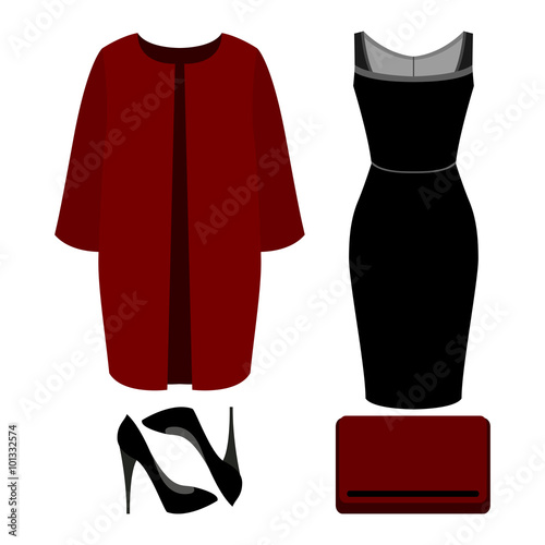 Set of trendy women's clothes. Outfit of woman coat, dress and accessories. Women's wardrobe. Vector illustration