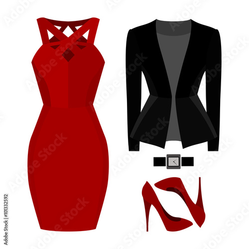 Set of trendy women's clothes. Outfit of woman jacket, dress and accessories. Women's wardrobe. Vector illustration