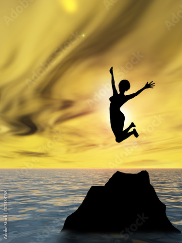 Conceptual woman silhouette jumping at sunset