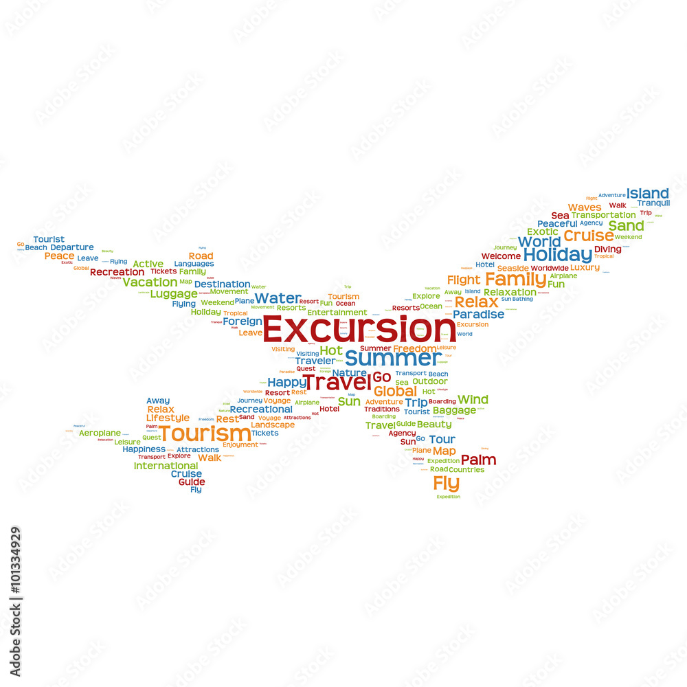 Naklejka premium Conceptual colorful plane silhouette travel tourism text word cloud
