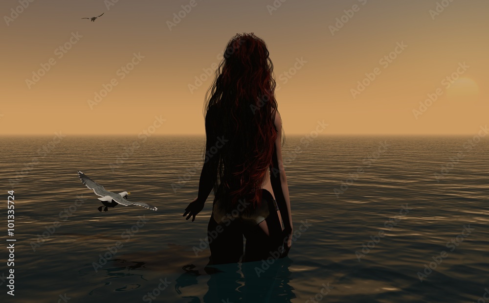 Fototapeta premium Long Haired Female Overlooking Sunset Horizon With Seagulls