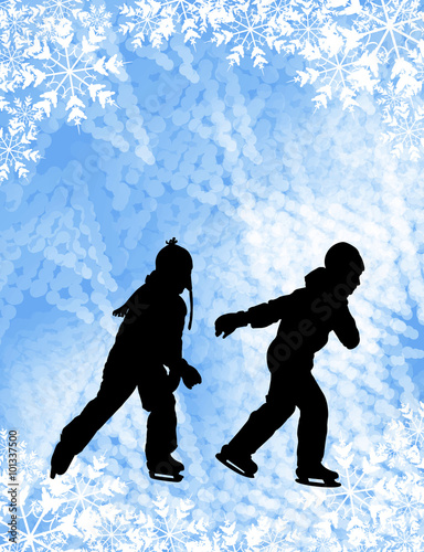 Kids ice skating silhouettes on the abstract background - vector