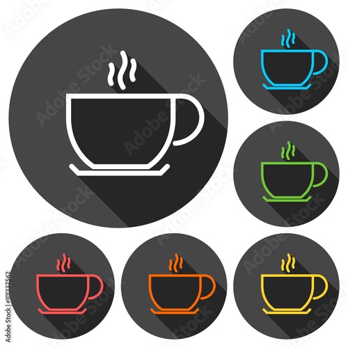 Coffee cup vector icons set with long shadow