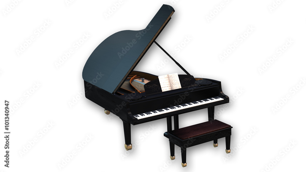 Grand piano, string musical instrument isolated on white background Grand piano, string musical instrument isolated on white background