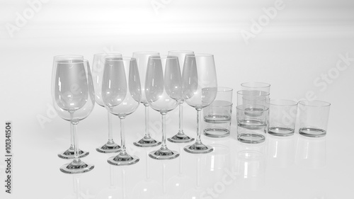 Drinking glasses, water and wine glasses isolated on white background