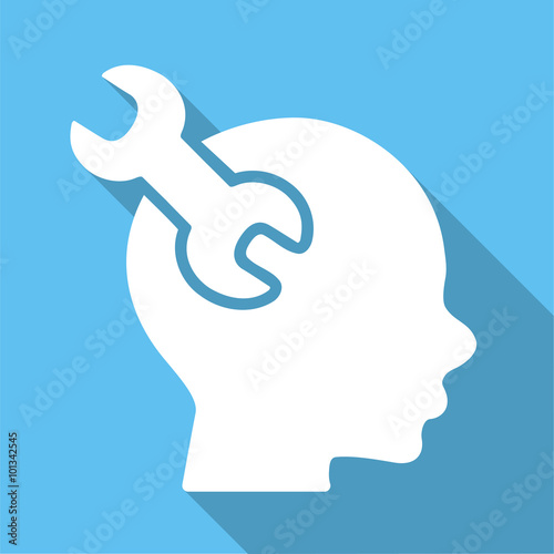 Brain Service vector icon. Style is a flat white symbol with long shadow on a colored square.