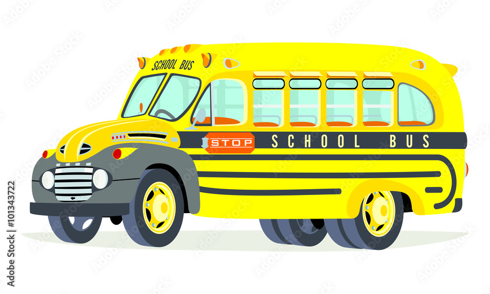 Caricatura autobus escolar amarillo vista frontal y lateral