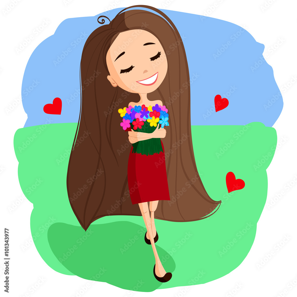 Cute Cartoon Girl in a Red Dress, Beautiful Smile and a Huge Bouquet of  Flowers, Flat Design Stock Vector | Adobe Stock