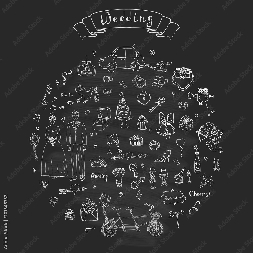 Hand drawn doodle Wedding collection Vector illustration Sketchy Marriage icons Big set of icons for Wedding day, love and romantic events Bride Groom Heart Cupid Engagement ring