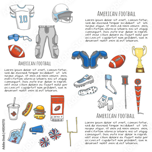 Hand drawn doodle american football set Vector illustration Sketchy sport related icons football elements, ball helmet jersey pants knee thigh shoulder pads cleats field cheerleading down indicator