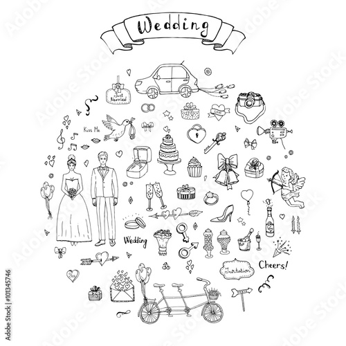 Hand drawn doodle Wedding collection Vector illustration Sketchy Marriage icons Big set of icons for Wedding day, love and romantic events Bride Groom Heart Cupid Engagement ring