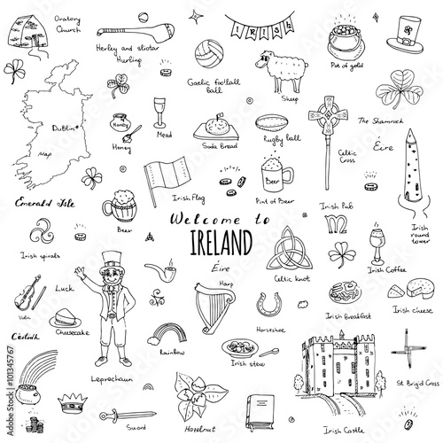 Hand drawn doodle Ireland set Vector illustration Sketchy Irish traditional food icons Republic of Ireland elements Flag Map Celtic Cross Knot Castle Leprechaum Shamrock Harp Pot of gold Travel icons
