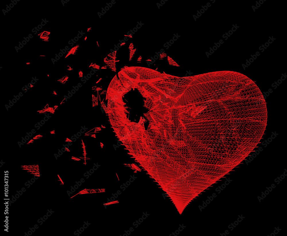 Vecteur Stock Vector Illustration Of Red Heart Made From Lines And Dots On Black  Background, Crushed To A Pieces, Stylized Red Mesh Love Symbol, Broken Heart,  Geometric Background, Abstract 3D Polygonal Pattern. |