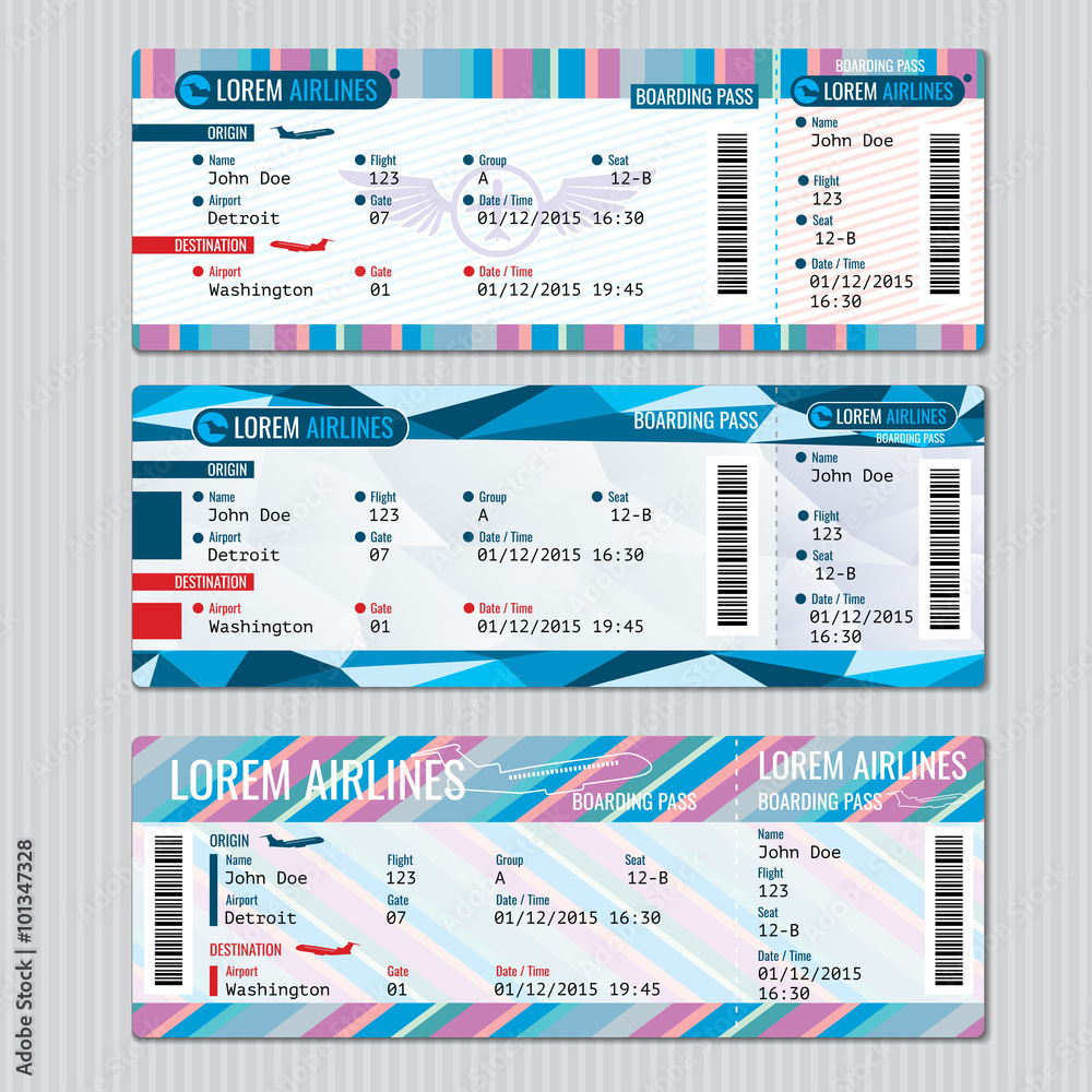 Naklejka premium Airline boarding pass tickets vector template. Card passenger, trip aeroplane illustration