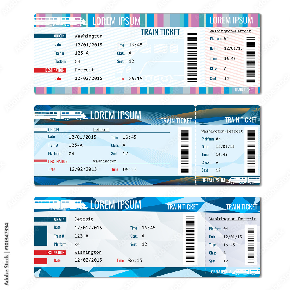 Train tickets vector set. Railway pass card, journey passenger illustration