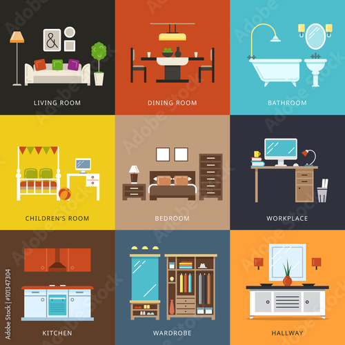 Interior of different rooms types. Furniture for home, hallway and wardrobe, workplace and living,comfort house. Vector illustration in flat style