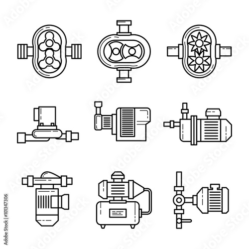 Water pump vector line icons sets. Tube construction metal, system pipe, pressure and control illustration