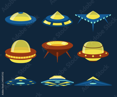 UFO spaceships vector flat icons set. Satellite rocket, spacecraft shuttle illustration