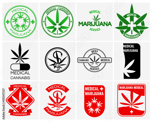 Medical marijuana or cannabis vector logos, labels and emblems set. Herb drug, legal leaf weed illustration