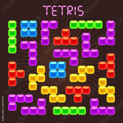 Tetris vector elements in flat design style. Game for computer, digital retro block, mosaic brick play, illustration