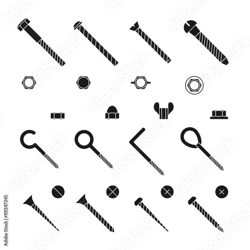 Screws, nuts and rivets icons set. Bolt for construction industry, industrial equipment stainless, vector illustration