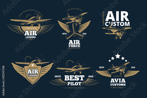 Flight adventures vector logos and labels. Air legend custom and force, best pilot illustration