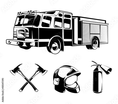 Firefighters vector elements for labels or logos. Helmet and axe, protection and rescue illustration
