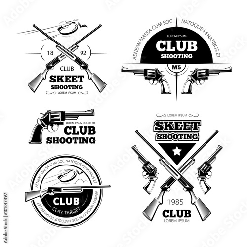 Vintage gun club labels, logos, emblems set. Badge and gun, weapon rifle, vector illustration