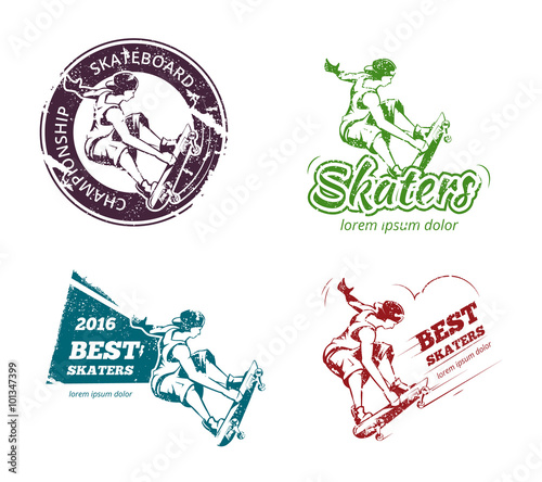 Retro color skateboarding labels, logos and stickers set. Emblem badge print, extreme urban. Vector illustration