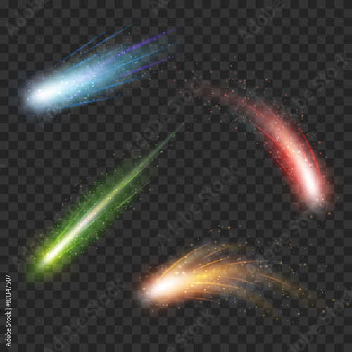 Color vector meteor and comet on transparent plaid background. Fall star in space, fantasy science in cosmos, asteroid color in galaxy