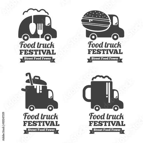 Vector food truck logos, emblems and badges. Label emblem, restaurant and cafe car illustration