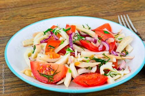 Salad with Squid, Tomato, Red Onion, Vegetable Oil