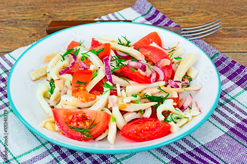 Salad with Squid, Tomato, Red Onion, Vegetable Oil