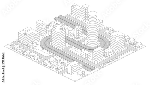 modern city and building, road and overhead highway, line drawing vector illustration