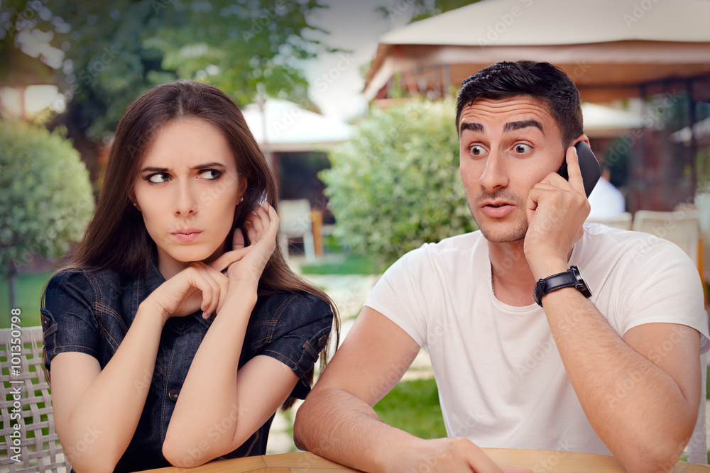 Φωτογραφία Angry Girl Listening to Her Boyfriend Talking on The Phone