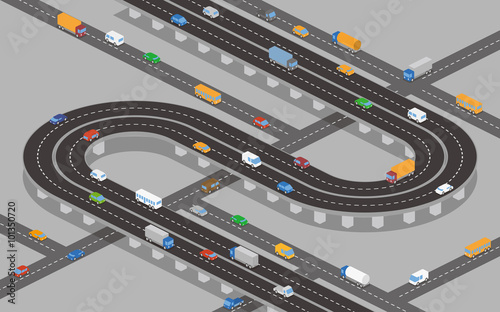 overpass (underpass) roads and various vehicles, vector illustration