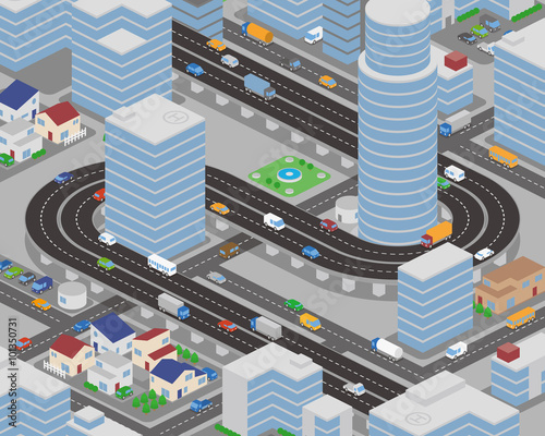 modern city and various vehicles, building and overhead roads, vector illustration