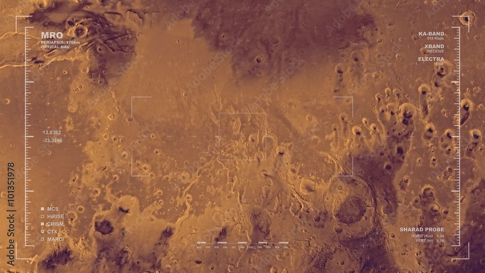 Simulated Mars Orbiter flyover of the equator at longitude of -33. Reversible. Scientifically accurate data displays. Data: JPL/USGS Astrogeology.