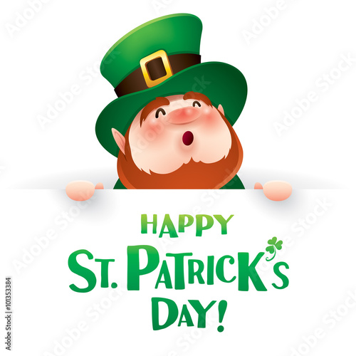 Happy Saint Patrick Day! Leprechaun with big sign.