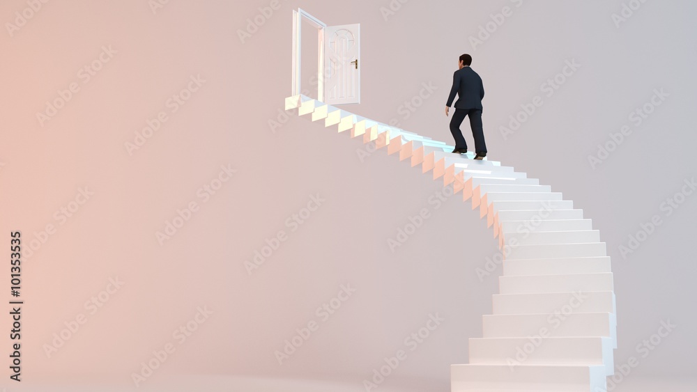 3D character goes on the stairs to reach the goal or arrive to his destination 3D character goes on the stairs to reach the goal or arrive to his destination
