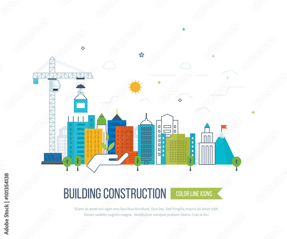 Concept illustration with icons of building construction and urban landscape.