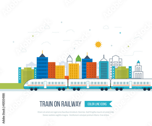 Train on railway with city background