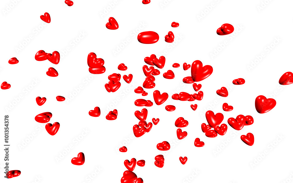 Hintergrund: Rote, fliegende 3D-Herzen auf weißem Hintergrund – Querformat