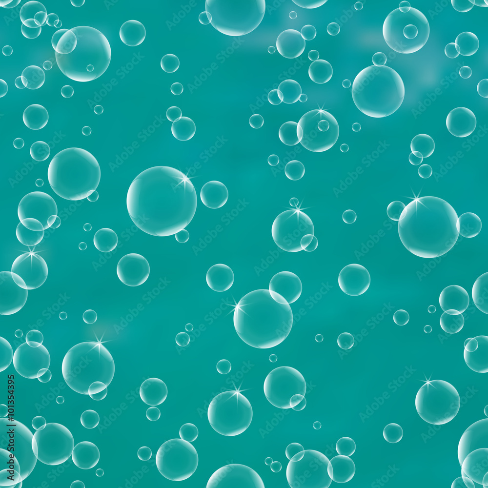 Texture water with bubbles on a turquoise background seamless pattern. Circle and liquid, light design, clear soapy shiny, vector illustration.