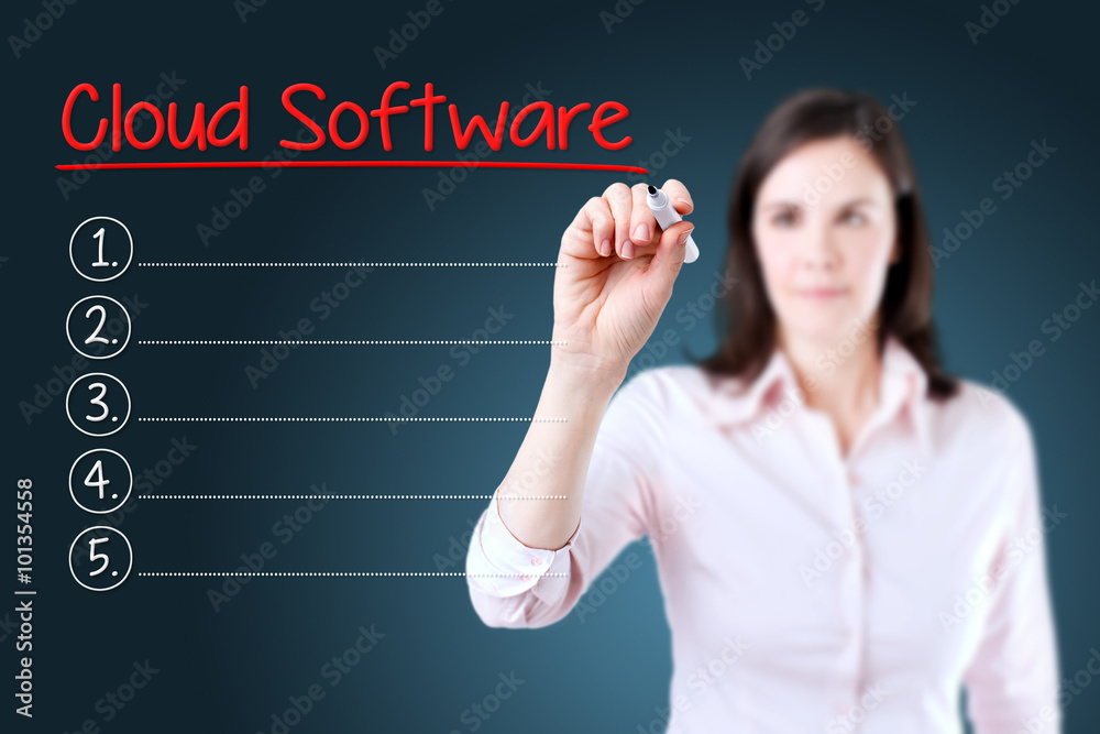 Business woman writing blank Cloud Software list. Blue background. Business woman writing blank Cloud Software list. Blue background.