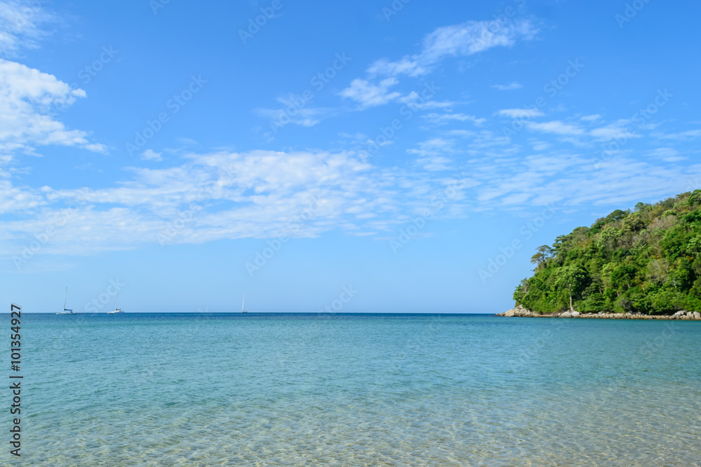 Beautiful clear sea and blue sky at Layan beach, Andaman Sea,Phuket in Thailand