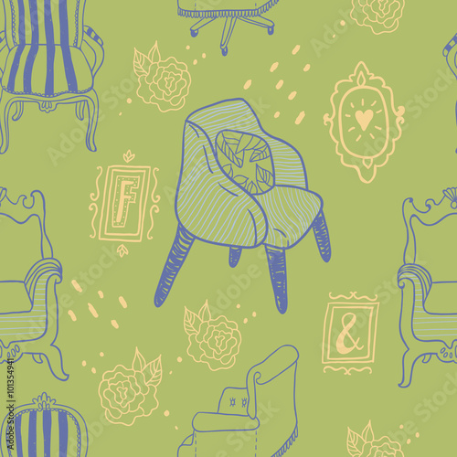 Stay Fancy seamless vector pattern. Hand drawn furniture, interior decorations and frames. Hand lettering.
